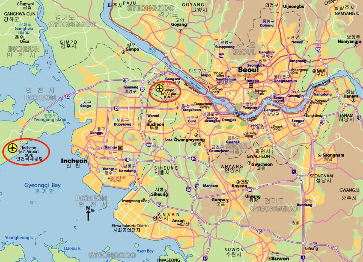 Mapa dos aeroportos de Seul